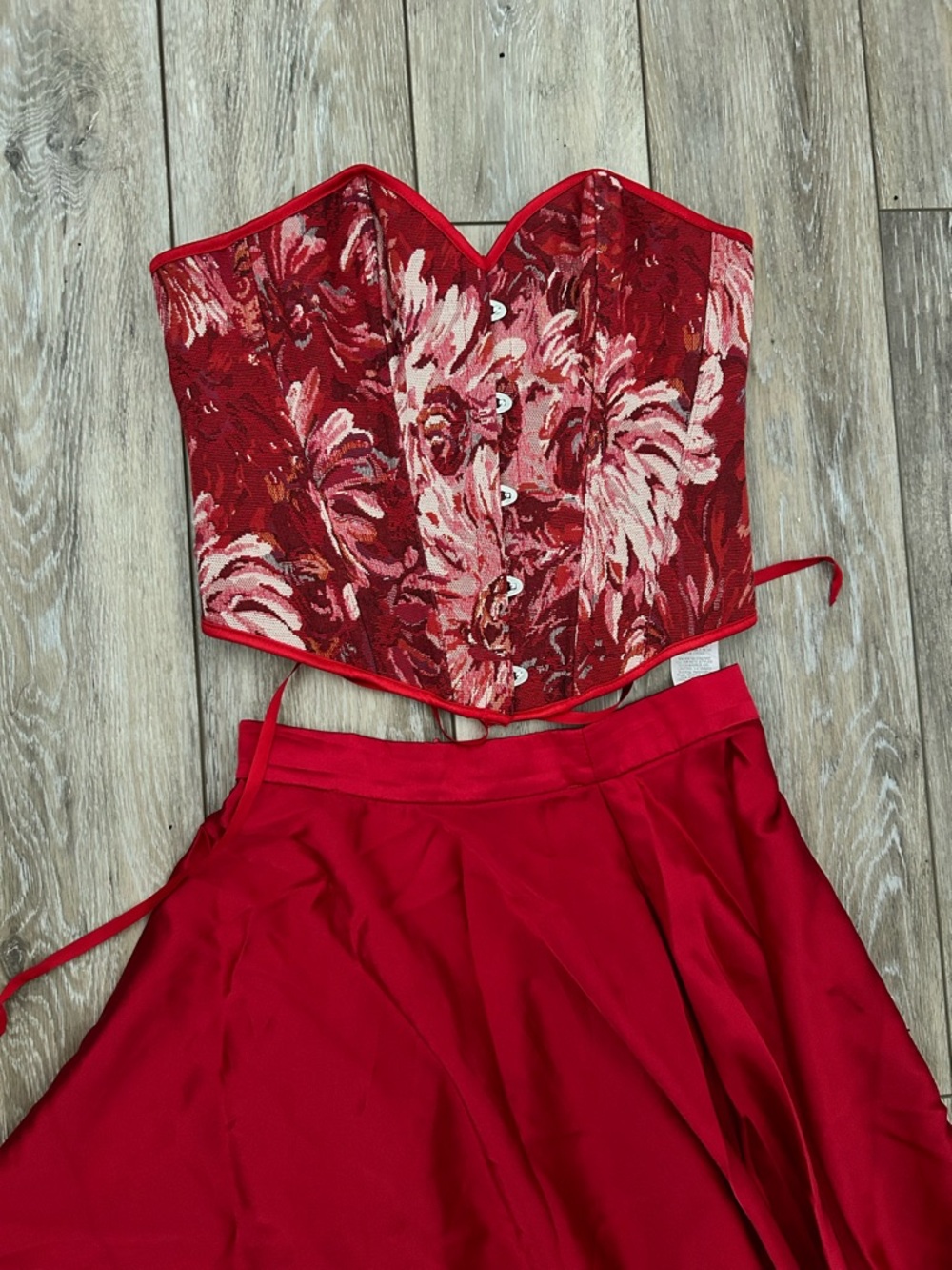 Red Floral Brocade Corset Top and Red Skirt Set